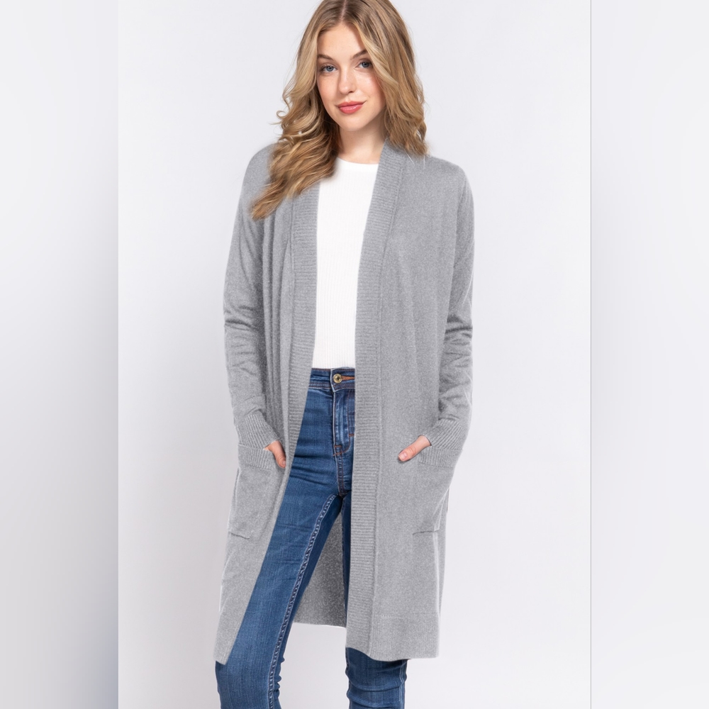 ACTIVE BASIC Open Front Rib Trim Long Sleeve Knit Cardigan
